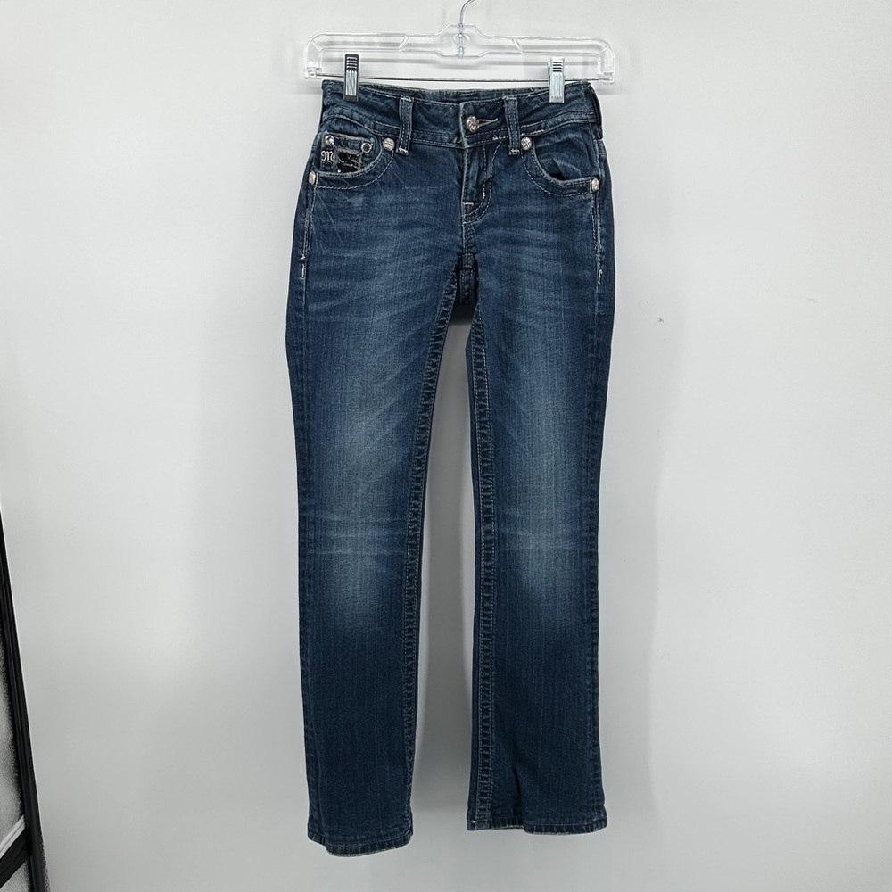 Miss Me Glam Y2K Western Cowgirl Boho Mcbling Dark Blue Straight Leg Jeans‎ Sz25